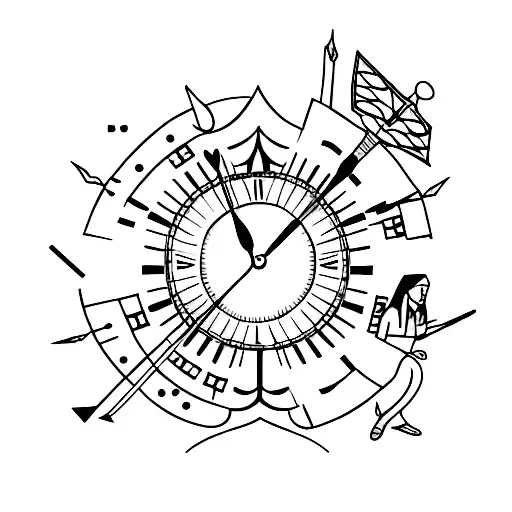 An Indigenous Person Shooting Seven Arrows With A Clock In The Background