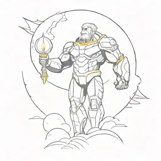 A Minimalist Tattoo Design Of A Giant Titan Towering Over A Space-themed Background