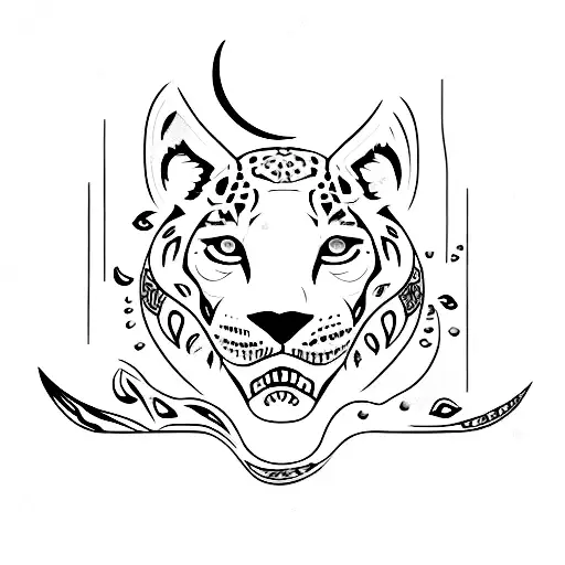 A Fine Line Tattoo Of A Jaguar's Face With Lilies Around It And A Crescent Moon In The Background