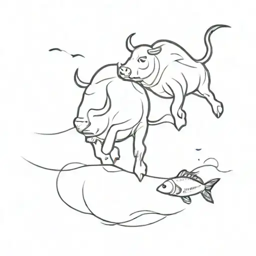 A Small And A Big Bull Looking At A Fish Swimming
