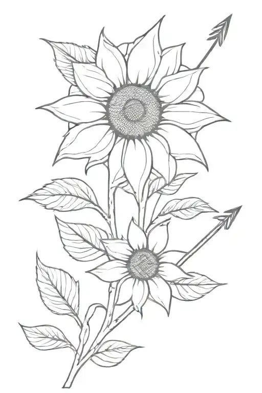 Sunflower With Arrow Piercing Through And Floral Patterns