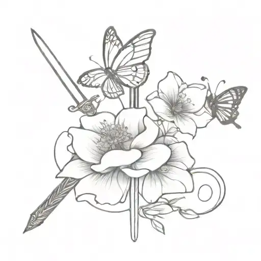 Sword With Butterfly And Flower Blooming
