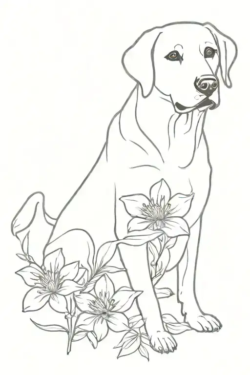 Black Labrador And Yellow Labrador And Flowers Blooming