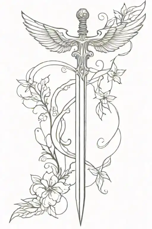 Slim Sword Tattoo With Wings