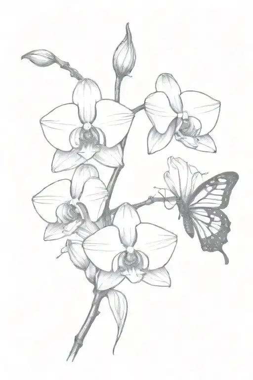 Orchid Flowers And Small Monarch Butterfly Resting