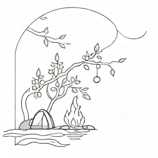 A Rowan Berry Tree And A Campfire Beside A River Waterfalling Down The Front