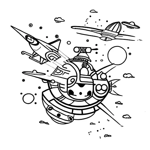 A Fun And Childish Tattoo Of A Capybara Flying A Spaceship Made Of Abstract Art Shapes