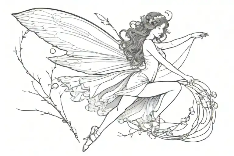 Black And White Fine Line Old Fasion Fairy Flying