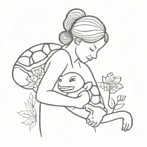 Child And Mother Embrace With A Turtle And Flowers