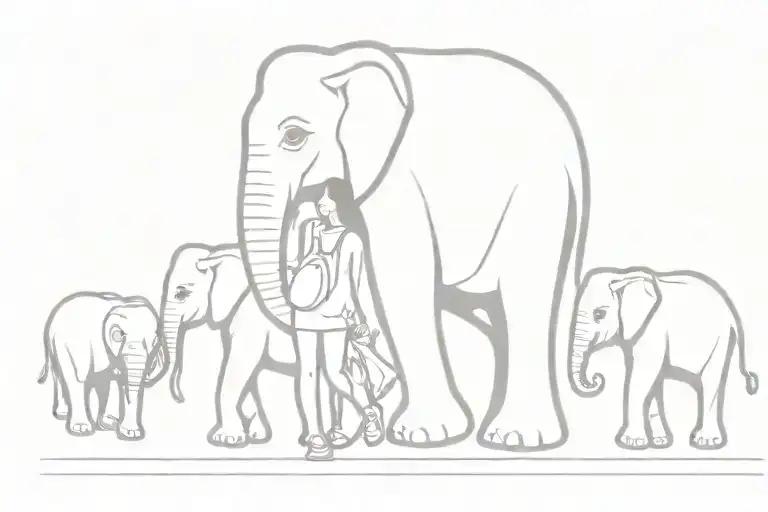 Girl Followed By Elefants Walking In A Line