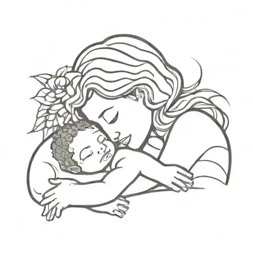 Child And Mother Embrace With A Turtle And Flower Incorporated Into The Child's Curly Hair