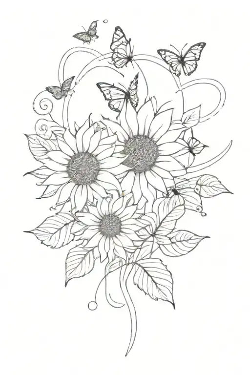 Sunflower With Butterfly And Designs Around It