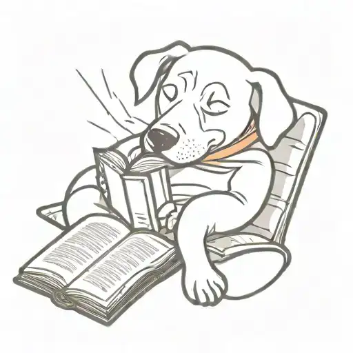 Dog Falling Asleep Reading A Book Open In Front Cartoon Style No