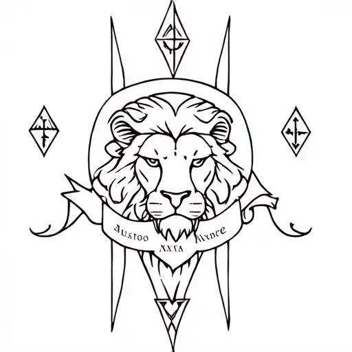 Norse Mythology Inspired Tattoo Featuring Lion With 3 Runes And A Banner To Place A Name