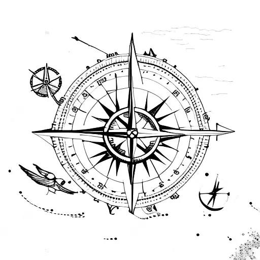 Sailboat With Compass And Birds And Water