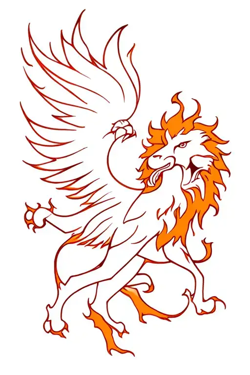 Phoenix And Lion Surrounded By Tongues Of Flame