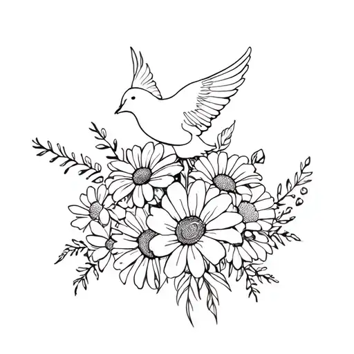 A Flower Boquet With Multiple Different Flowers With A Dove Flying On Top Of It But Not On It