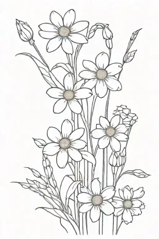 Fine Line Bunch Of Daisys With Daffodils Growing Out Of The Stem