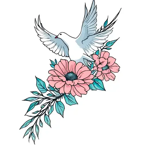 A Flower Boquet With A Dove Flying Over