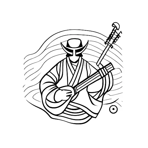 A Minimalist Tattoo Of A Japanese Samurai Playing A Guitar