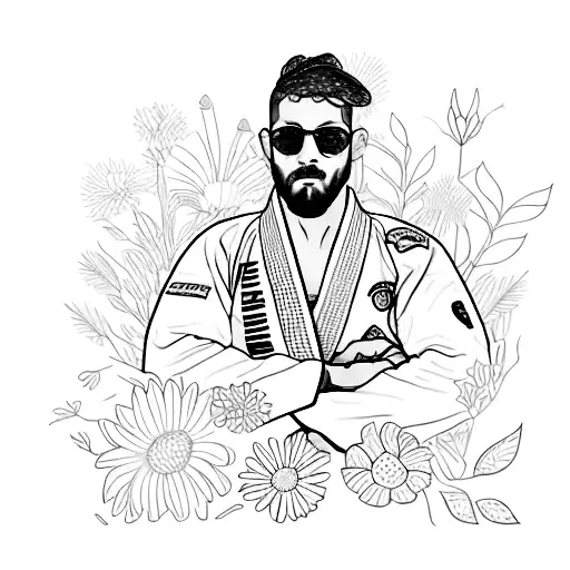 A Realistic Portrait Of A Jiu-jitsu Fighter Surrounded By A Colorful Garden Of Flowers