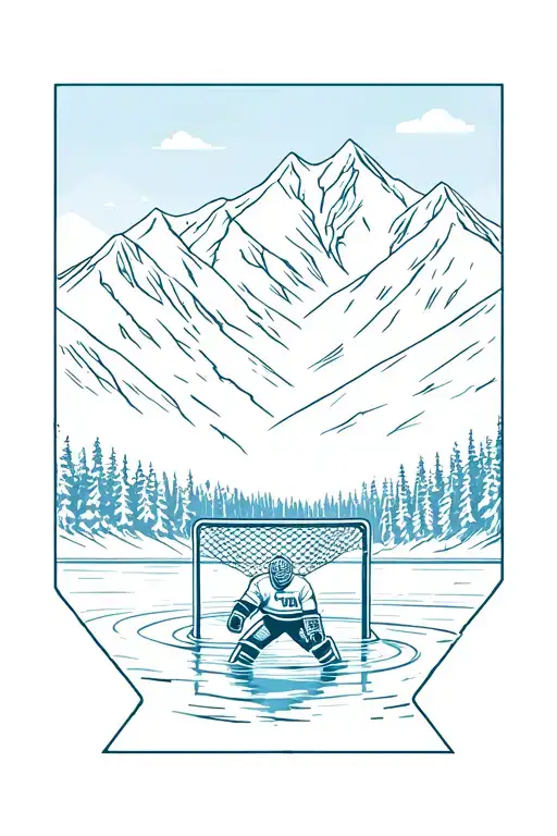 Mountain Scene Featuring A Hockey Goalie On A Pond In Net