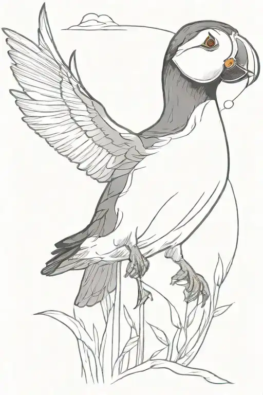 Puffin In Nature In Black And White Drawing