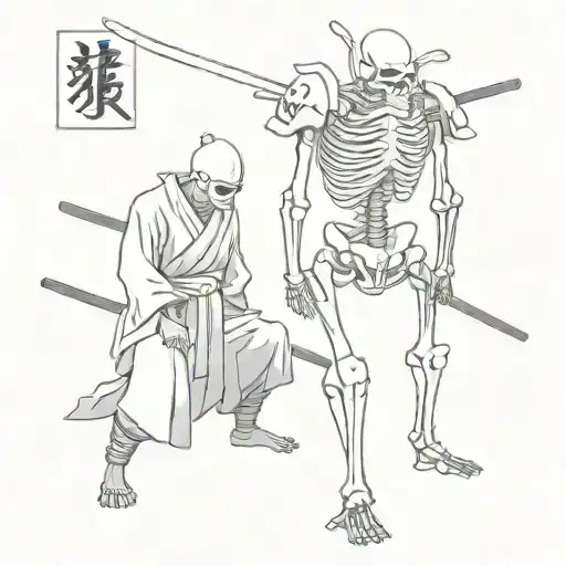 A Skeleton Samurai Stands In Front Of A Samurai Man Who Is Kneeling With His Head Bowed Down