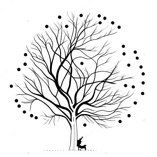 Tree With No Leaves With One Red Flower And Dog Under The Tree