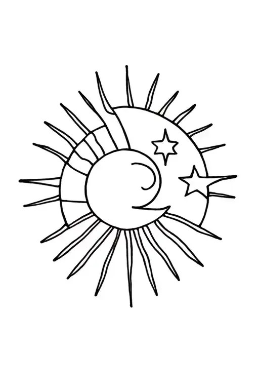 Sun With Moon And Star In Thin Line