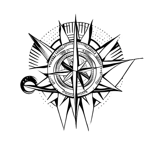 A Minimalist Tattoo Of A Compass With A Campfire Symbol And A Crescent Moon