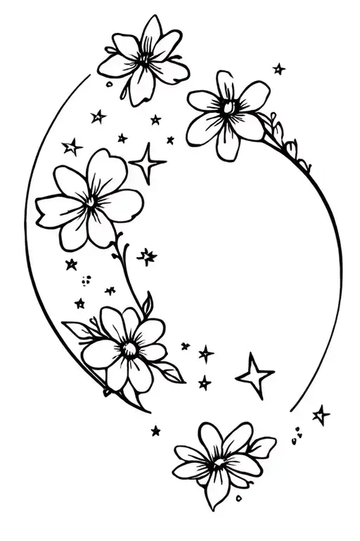 Thin Line Flowers And Stars Forming A Yin Yang Symbol