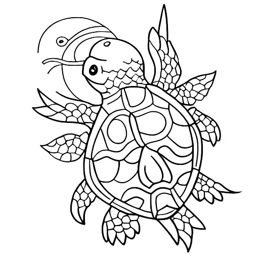 A Minimalist Tattoo Of A Sea Turtle Swimming Amidst A School Of Colorful Fish
