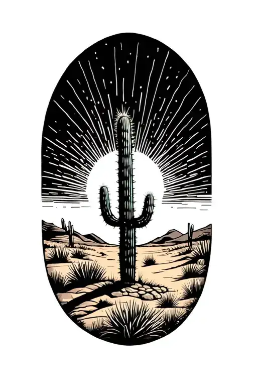 Sun Rays Horizon Behind A Desert Landscape With One Cactus