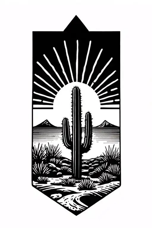 Sun Rays Rising Desert Landscape With One Cactus