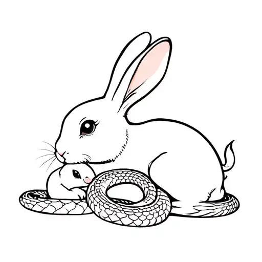 Mother Rabbit Cuddling A Baby Snake And A Baby Rabbit