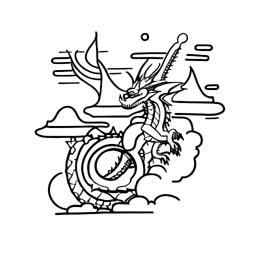 A Minimalist Tattoo Of A Mountain Biker Riding Through A Dragon's Lair