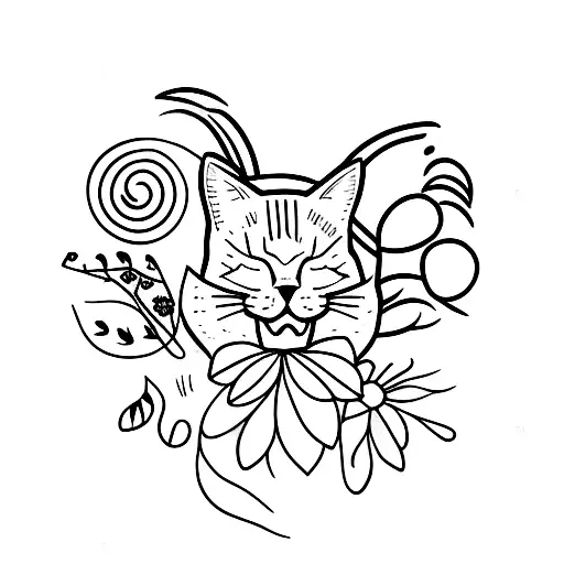 A Minimalist Tattoo Of A Sleeping Cat Surrounded By Plants And Flowers
