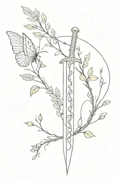 Spine Sword With Vines From Hip To Shoulder And Butterflies Around It