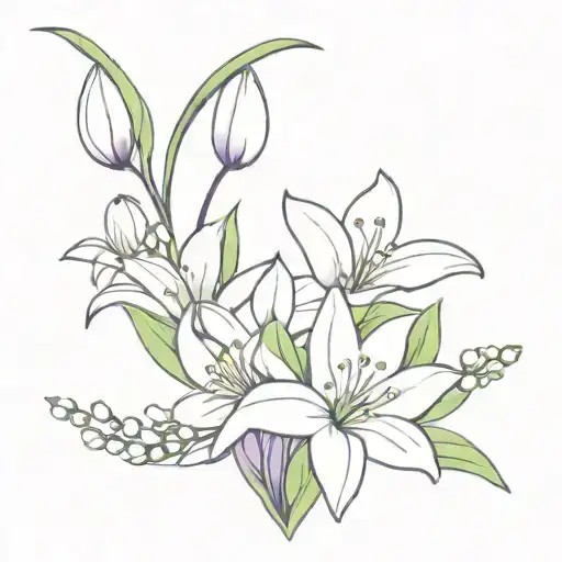 Violet And Snowdrop And Lily Of The Valley Flower Bouquet Fine Line
