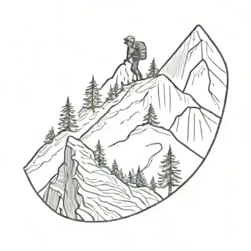 A Minimalist Tattoo Of A Persons Hiking Up A Mountain With A Banana In Hand