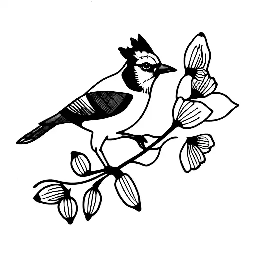 Blue Jay With Lily Of Valley And Poppy Flowers