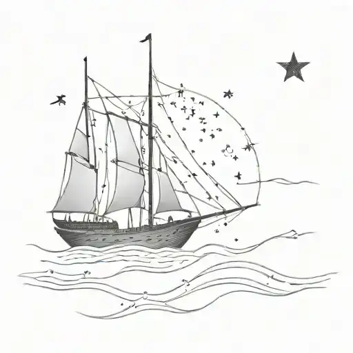 A Tattoo Of An Ancient Greek Ship Sailing Under A Sky Filled With Wolf And Bird Constellations