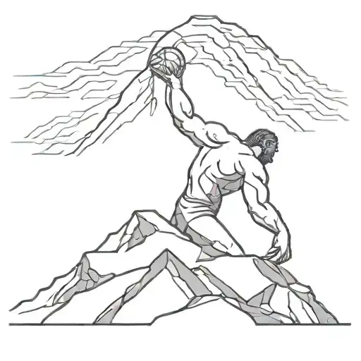 Sisyphus Pushing Rock Upward Mountain Range