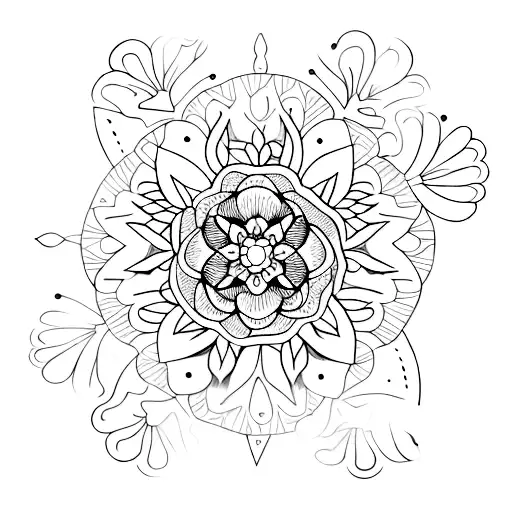 A Dotwork Tattoo Of A Camera Lens With Intricate Floral Patterns