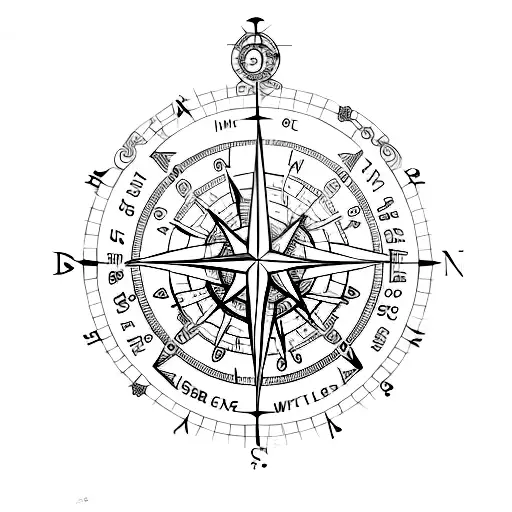 A Detailed Sketch Of A Compass Surrounded By Various Symbols Representing Different Life Adventures
