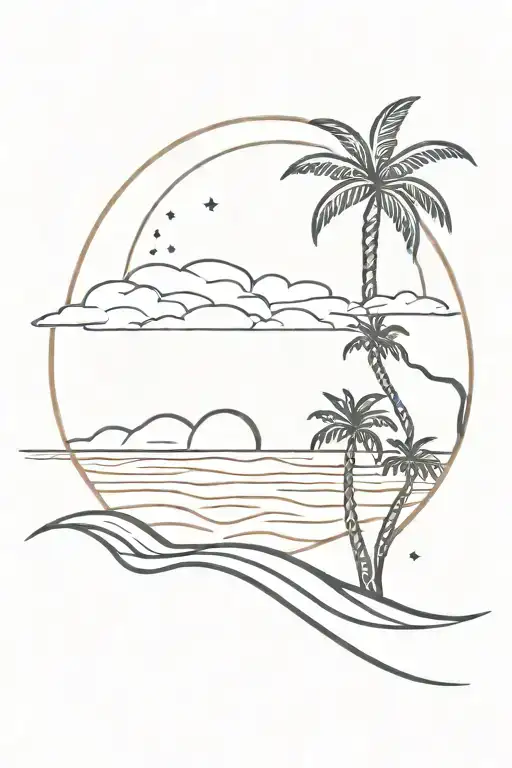 Ocean With Sand With Palm Tree Coming Out Of It With A Sun Above Shining Rays Down