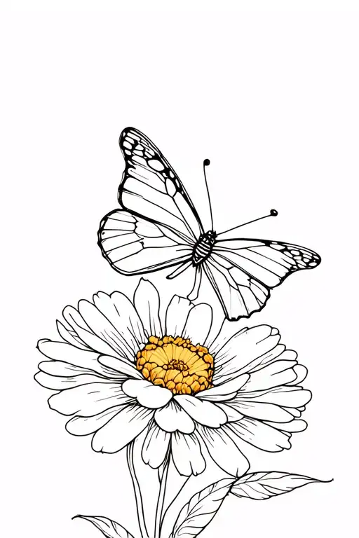 Fine Line Tattoo Of A Butterfly On A Marigold Flower