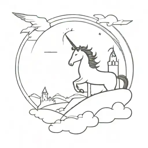 A Minimalist Silhouette Of A Unicorn Soaring Over A Castle At Sunset