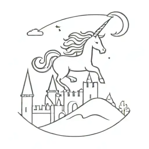 A Minimalist Silhouette Of A Unicorn Soaring Over A Castle At Sunset